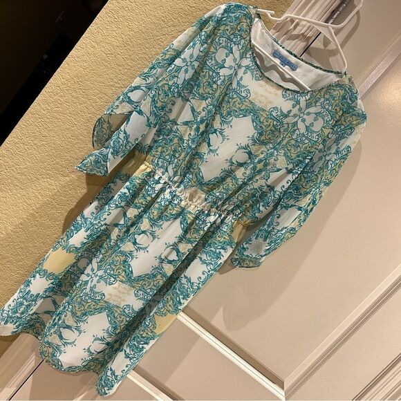 Antonio Melani size 8 teal and white print dress with flowy sleeves - Picture 5 of 9